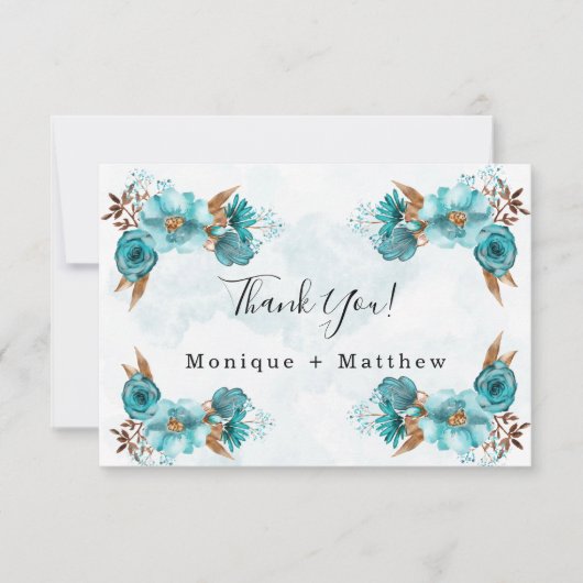  Turquoise en Gold Peony Wedding Dank je Kaart (Voorkant)