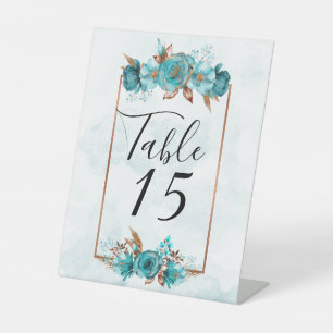 Turquoise en Gold Peony Wedding Table Number Reclamebord Met Voetstuk