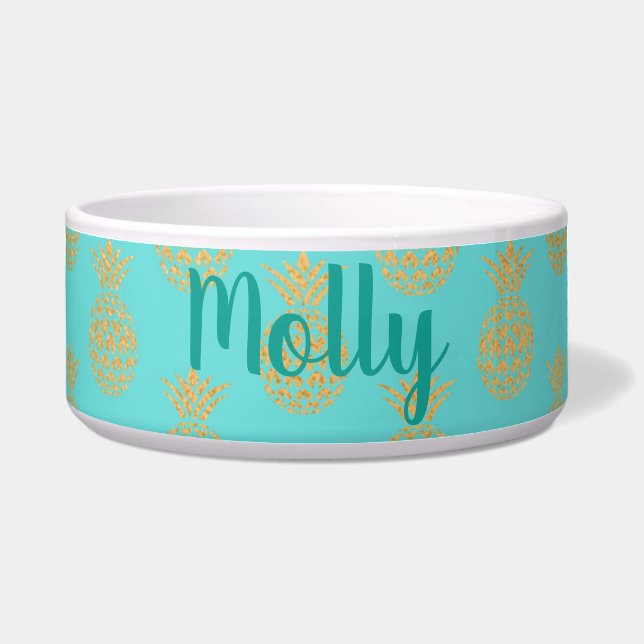 Turquoise en Gold Pineapples Custom Pet Bowl Voerbakje (Voorkant)