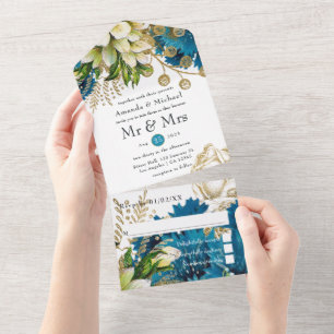  Turquoise en Gold Shabby Wedding All In One Uitnodiging