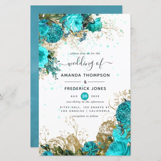 Turquoise en Gold Shabby Wedding Invite (Voorkant / Achterkant)