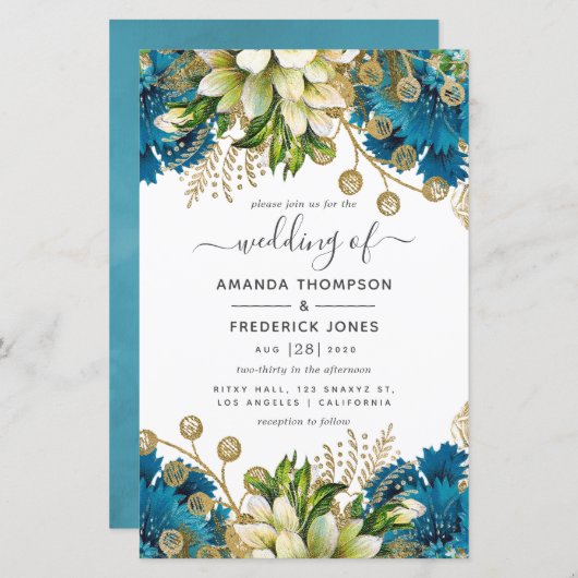  Turquoise en Gold Shabby Wedding Invite (Voorkant / Achterkant)