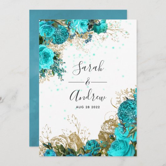 Turquoise en Gold Shabby Wedding Kaart (Voorkant / Achterkant)
