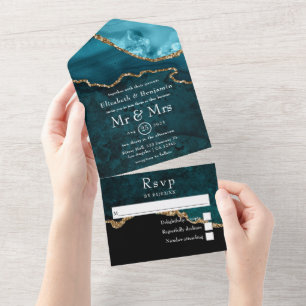 Turquoise en Gouden Agaten Bruiloft All In One Uitnodiging