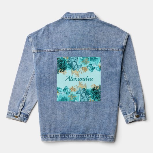 Turquoise en Gouden Bloemen Denim Jacket (Achterkant)