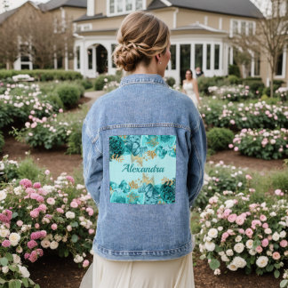 Turquoise en Gouden Bloemen Denim Jacket