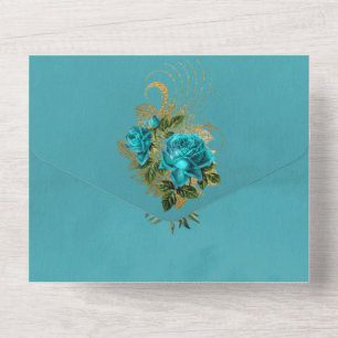 Turquoise en Gouden Bloemige Bruiloft All In One Uitnodiging