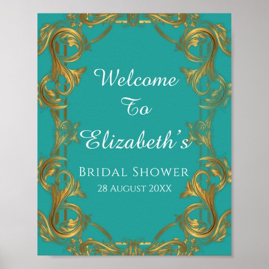 Turquoise en Gouden Bloemrijke Trouwtekst Bord Poster (Voorkant)