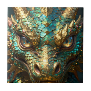 Turquoise en Gouden Drakengezicht Tegeltje