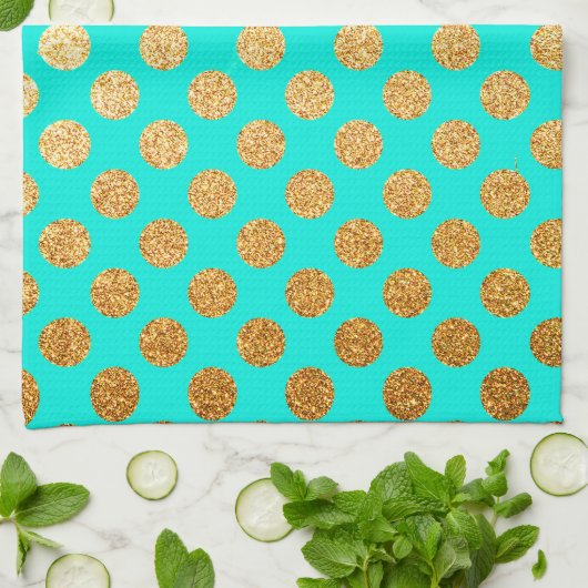 Turquoise en Gouden Glitter Polka Dot Pattern Theedoek (Gevouwen)