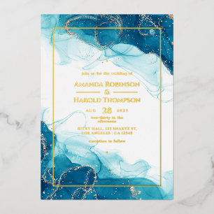 Turquoise en gouden inkt trouwkaart met folie uitnodiging