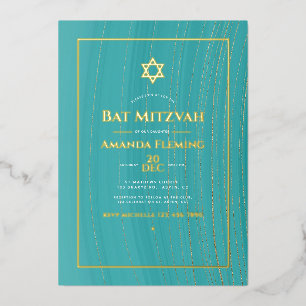 Turquoise en gouden nepnatuursteen Bat Mitzvah-fot Folie Uitnodiging