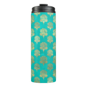 Turquoise en gouden pauw grunge damast thermosbeker