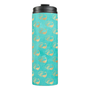 Turquoise en gouden pauw thermosbeker