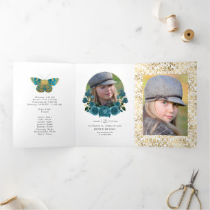 Turquoise en gouden vintage bloemen Quinceañera Drieluik Uitnodiging