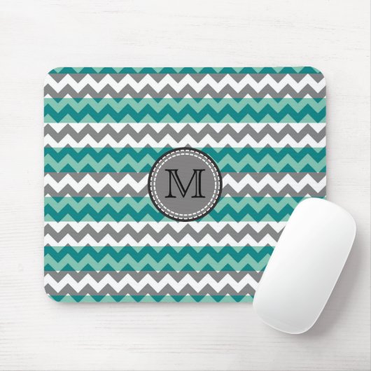 Turquoise en Gray Chevron Zigzag Monogram #2 Muismat (Met muis)