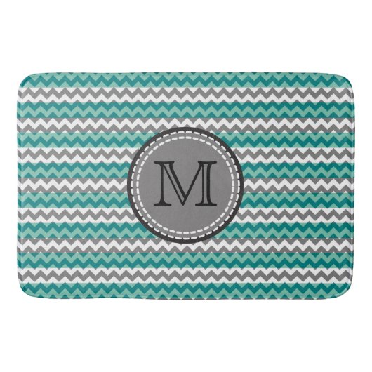 Turquoise en Gray Chevron Zigzag Monogram Badmat (Voorkant)