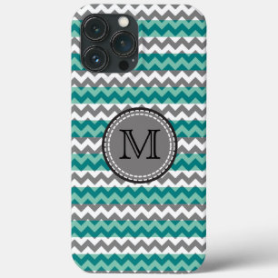 Turquoise en Gray Chevron Zigzag Monogram iPhone 13 Pro Max Hoesje