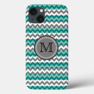 Turquoise en Gray Chevron Zigzag Monogram iPhone 13 Hoesje