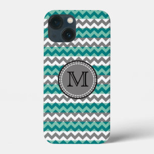 Turquoise en Gray Chevron Zigzag Monogram iPhone 13 Mini Hoesje