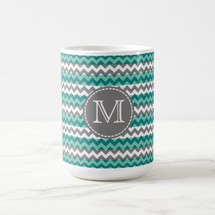 Turquoise en Gray Chevron Zigzag Monogram Koffiemok