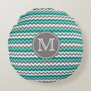 Turquoise en Gray Chevron Zigzag Monogram Rond Kussen