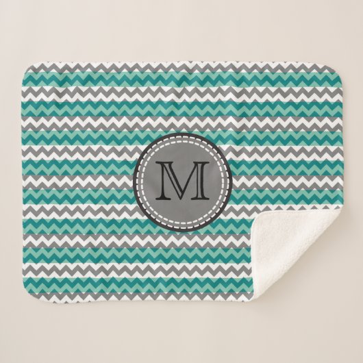 Turquoise en Gray Chevron Zigzag Monogram Sherpa Deken (Voorkant (horizontaal))