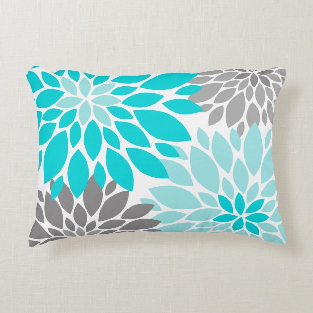 Turquoise en Gray Chrysanthemums Floral Pattern Decoratief Kussen (Voorkant)