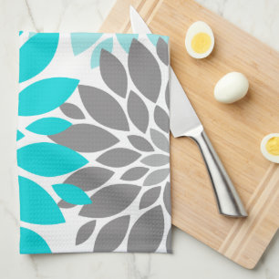 Turquoise en Gray Chrysanthemums Floral Pattern Theedoek