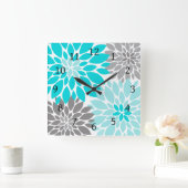 Turquoise en Gray Chrysanthemums Floral Pattern Vierkante Klok (Huis)