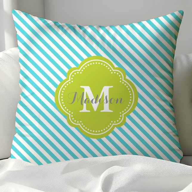 Turquoise en Groen Gestreept Monogram Kussen (Creator heeft geüpload)