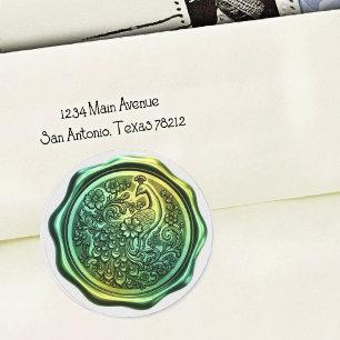 Turquoise en groene pauw waslookzegel ronde sticker