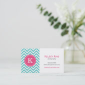 Turquoise en Hot Pink Chevron Custom Monogram Visitekaartje (Staand voorkant)