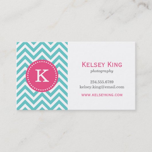 Turquoise en Hot Pink Chevron Custom Monogram Visitekaartje (Voorkant)