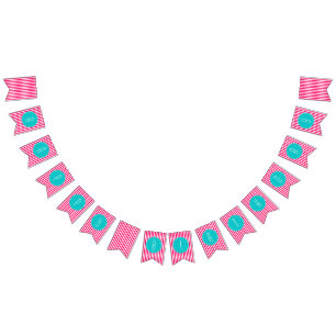 Turquoise en hot roze strepen Happy Birthday Vlaggetjes