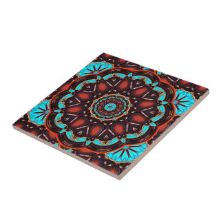 Turquoise en houten look caleidoscoop tegeltje