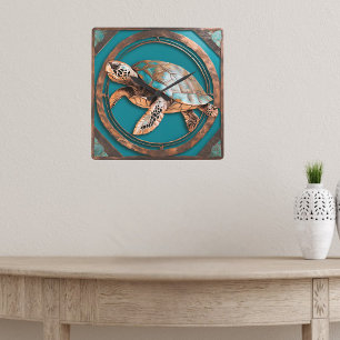 Turquoise en koperen omrande zeeschildpad wandklok vierkante klok