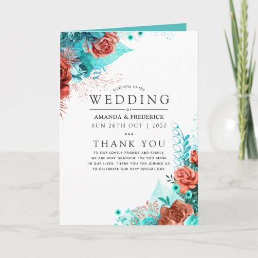 Turquoise en Koraal Bloemen Bruiloft Programma (Voorkant)