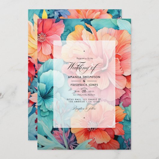 Turquoise en koraal bloemenbruiloft kaart (Voorkant / Achterkant)