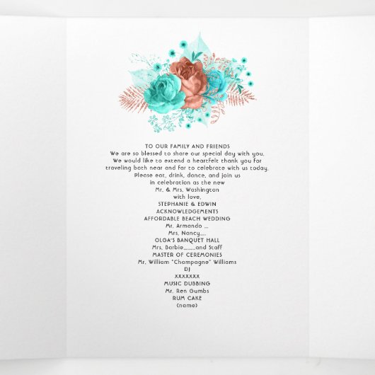 Turquoise en koraal bloemenbruiloft programma (Binnenkant midden)