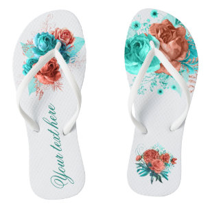 Turquoise en koraal bloemige tropische trouwgunst teenslippers