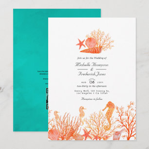 Turquoise en Koraal QR Code RSVP Strand Huwelijk Kaart