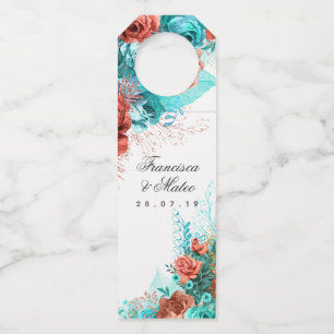 Turquoise en koraal tropische bloemen trouwfles flessenhanger