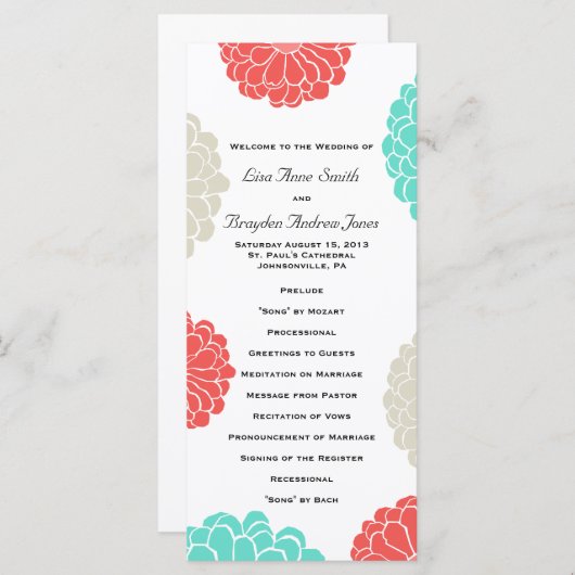 Turquoise en koraal Zinnia Flower Wedding Program Programma (Voorkant / Achterkant)