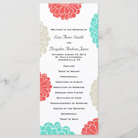 Turquoise en koraal Zinnia Flower Wedding Program Programma (Voorkant)