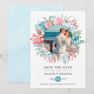 Turquoise en Koraalrode Zomerstrand Bruiloft Foto  Save The Date