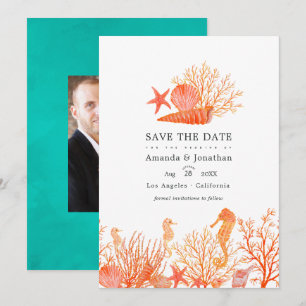 Turquoise en koraalstrand trouwfoto save the date