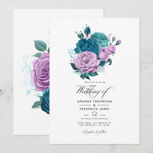 Turquoise en Lavender Floral Wedding Invitation Kaart (Voorkant / Achterkant)