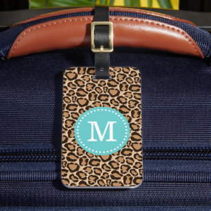 Turquoise en Leopard Print Custom Monogram Bagagelabel