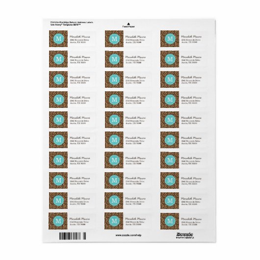 Turquoise en Leopard Print Custom Monogram Etiket (Full Sheet)